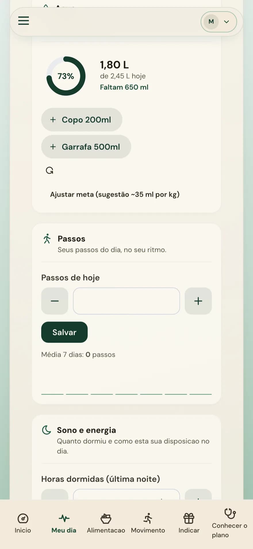 Tela do app: hidratação, com contador de água do dia