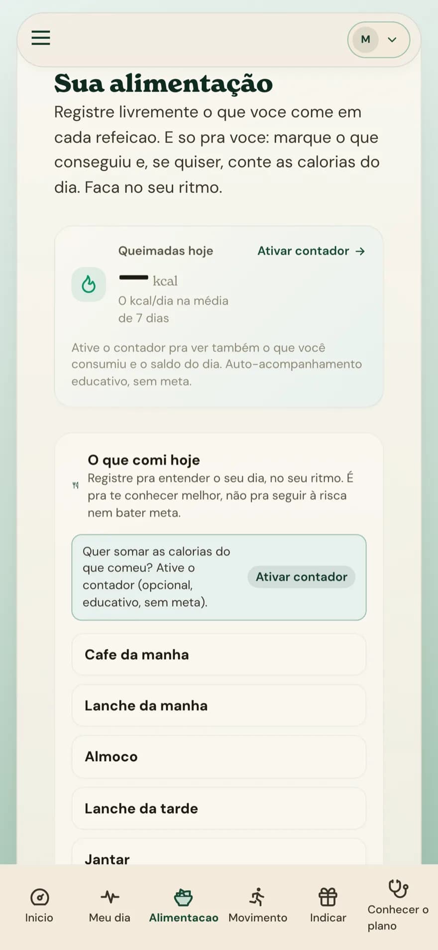 Tela do app: sua alimentação, com registro de refeições e contador de calorias
