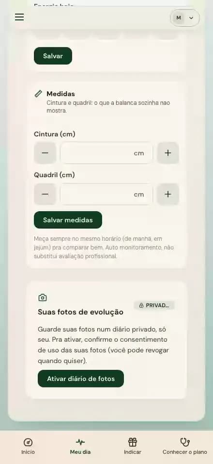 Tela do app: suas medidas e diário privado de fotos de evolução