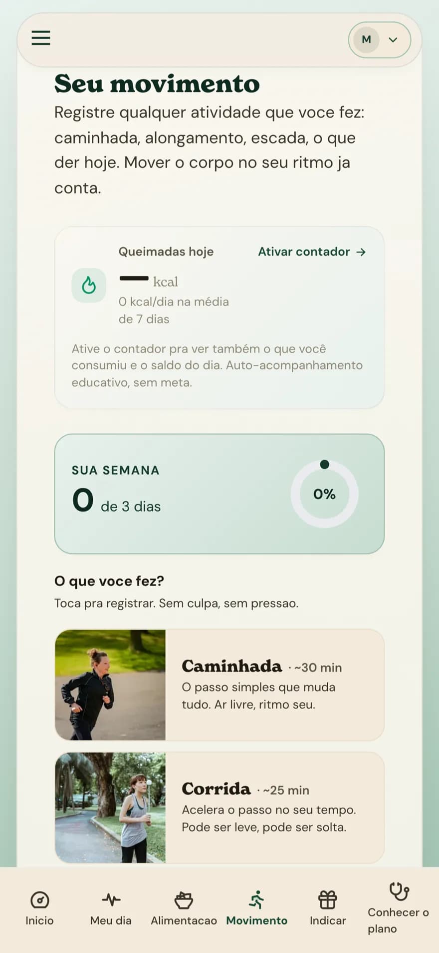 Tela do app: seu movimento, com registro de atividades do dia